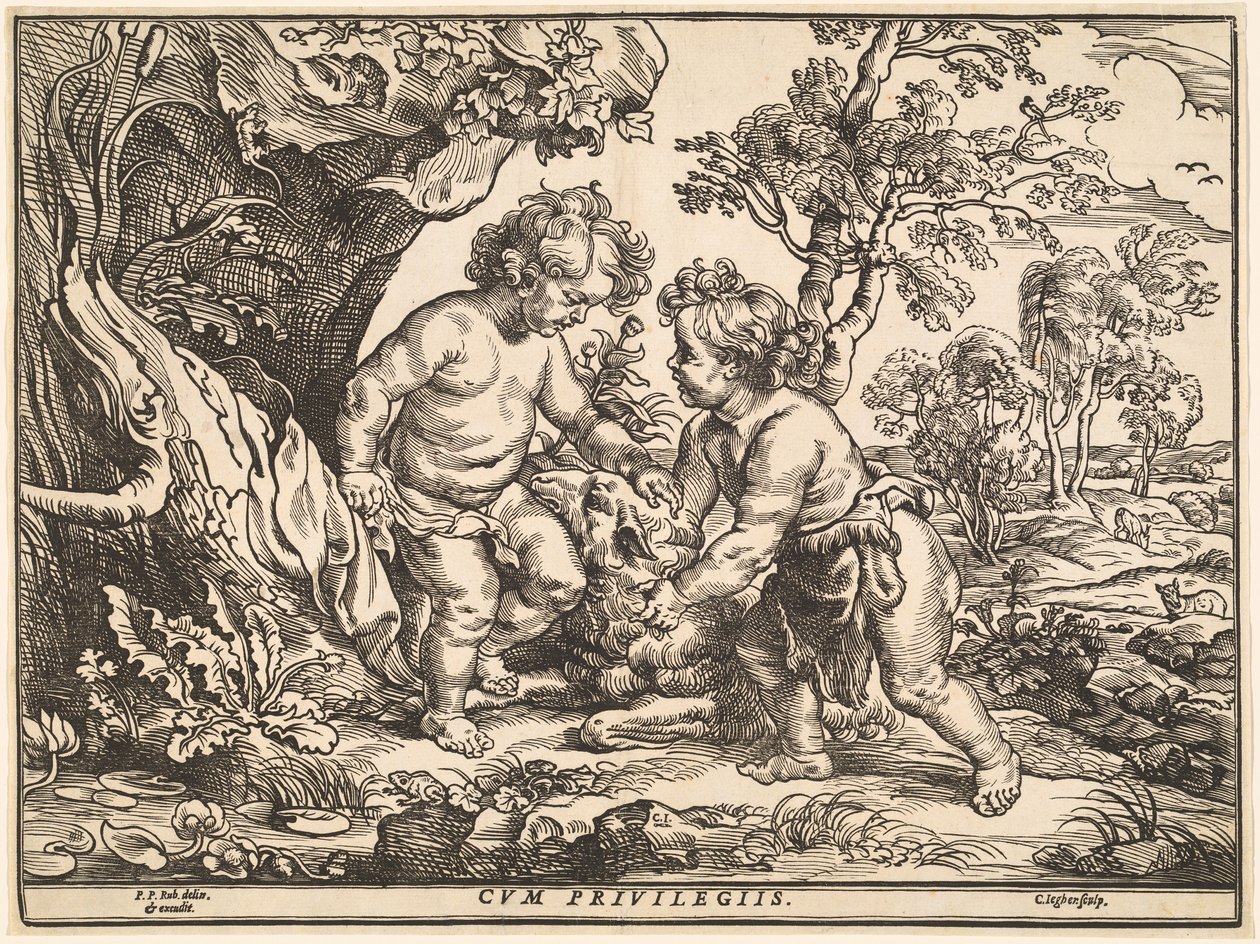 The Infant Christ og Saint John leker med Lammet av Christoffel Jegher after Sir Peter Paul Rubens