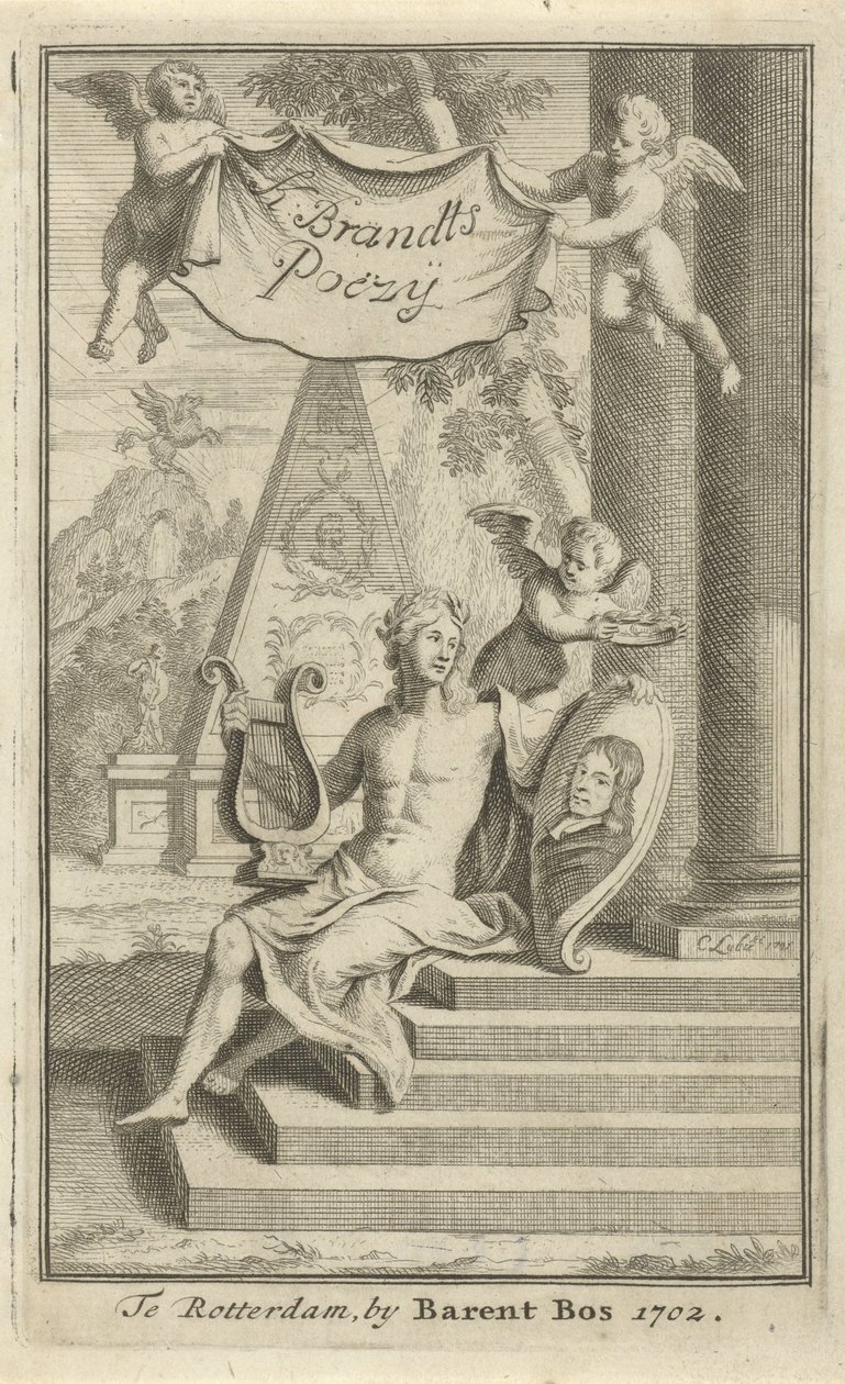 Apollo med portrett av Caspar Brandt Tittelside for: K. Brandt, Poëzy, 1705 av Christoffel Lubienitzki
