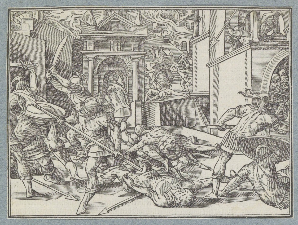 Kjempende soldater i en by Slaget i Jerusalem av Christoffel van Sichem (I)