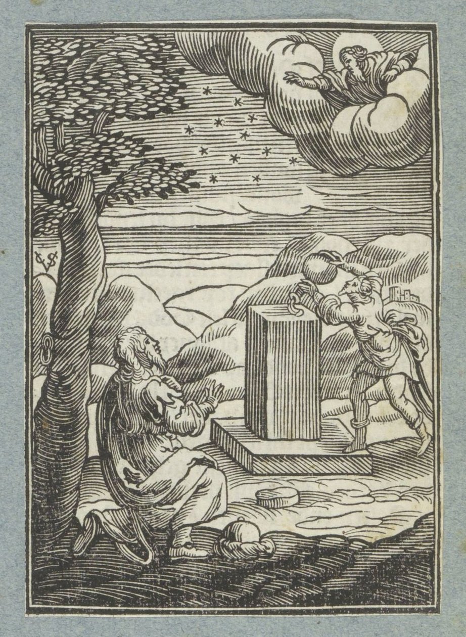 Guds pakt med Abraham; Jakob salver steinen han sov på av Christoffel van Sichem (II)