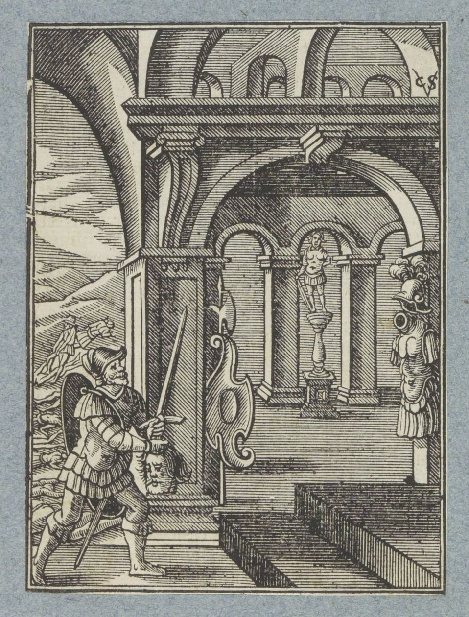 Sauls hode bringes inn i filistrenes tempel av Christoffel van Sichem (II)