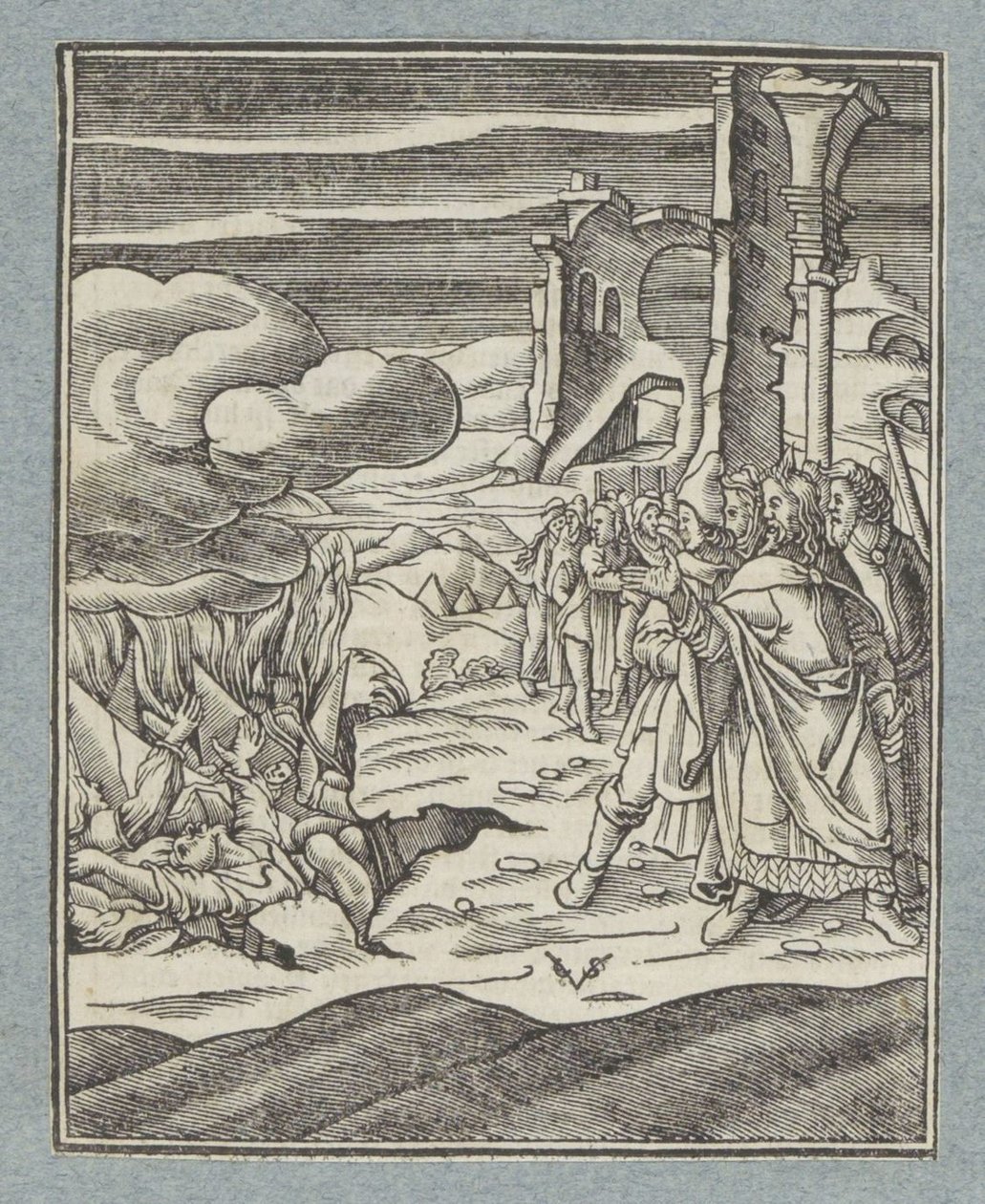 Korah, Datan og Abiram og deres familier blir slukt av jorden av Christoffel van Sichem (II)