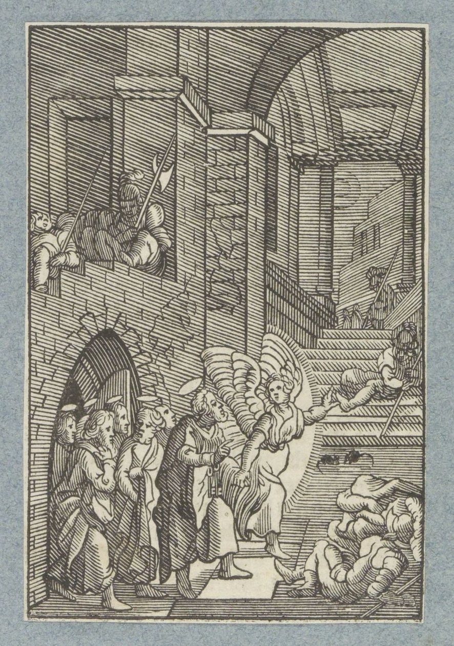 Peter og de andre apostlene blir løslatt fra fengselet av en engel av Christoffel van Sichem (II)