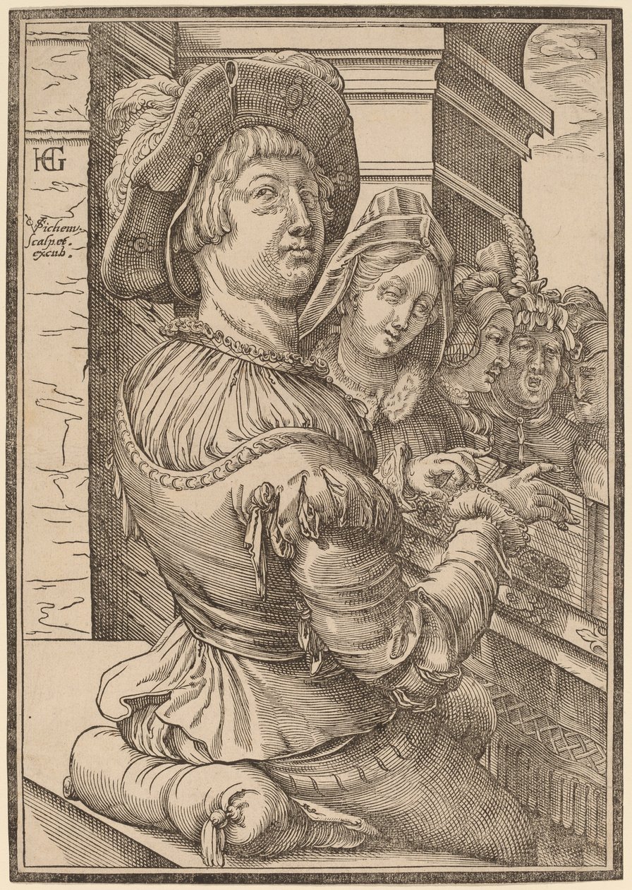En ung mann som spiller et psalterium av Christoffel van Sichem I after Hendrik Goltzius