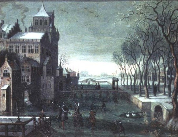 Et vinterlandskap med kunstløp ved et moated slott av Christoffel van den (circle of) Berghe