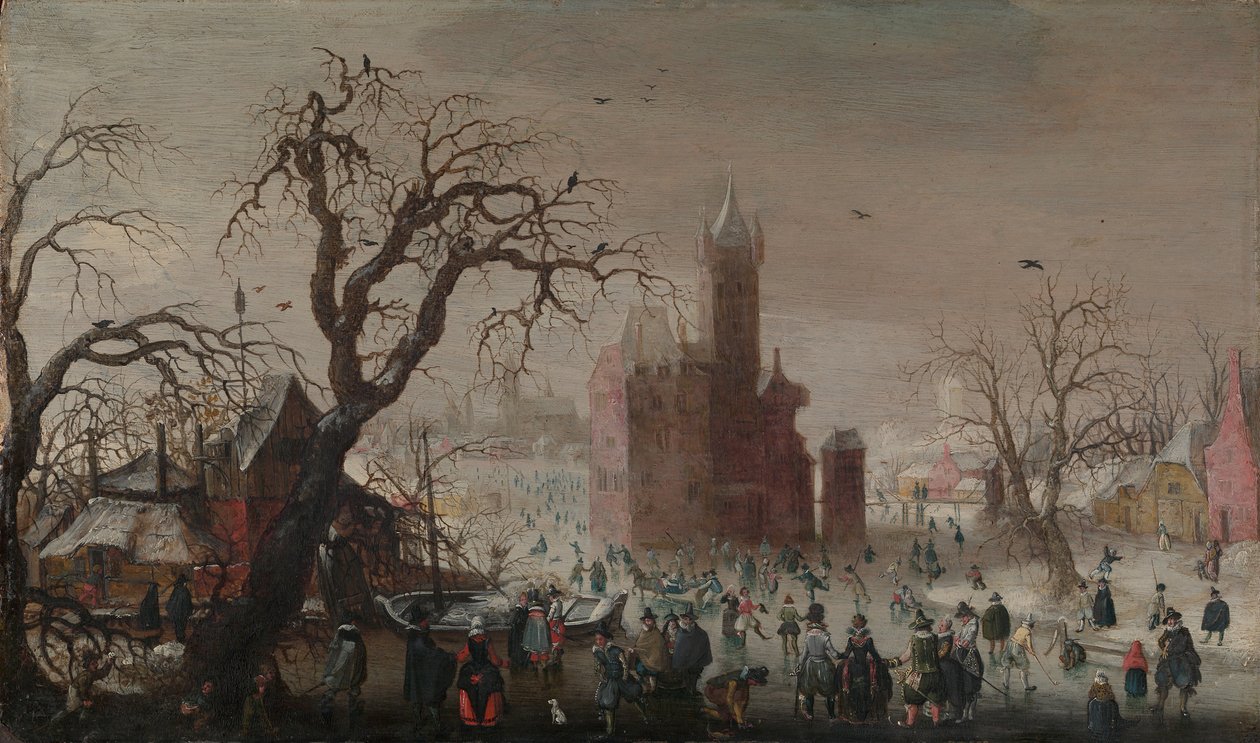 Et vinterlandskap med skøyteløpere og et imaginært slott, ca. 1615-20. av Christoffel van den Berghe