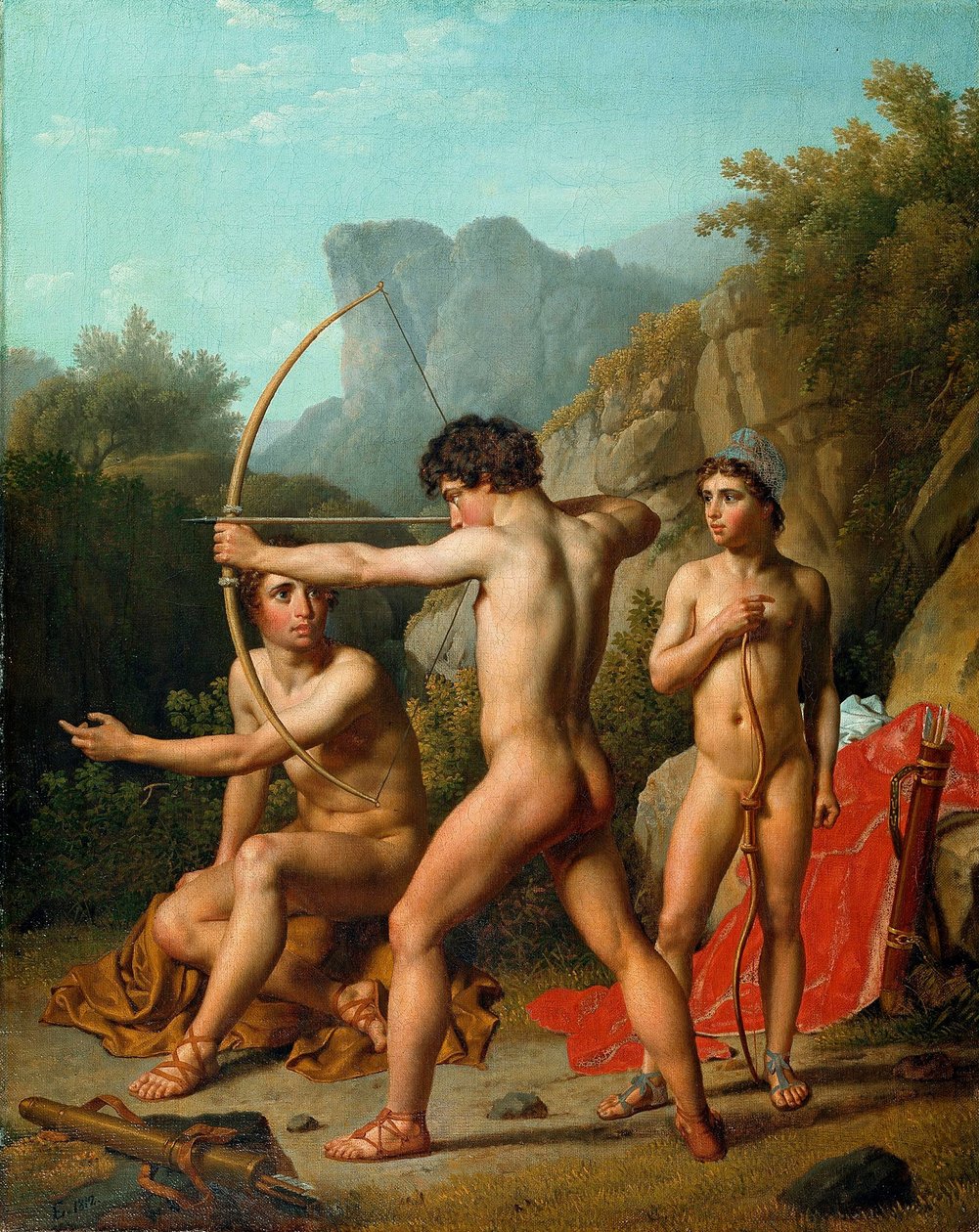 Tre spartanske gutter som trener bueskyting av Christoffer Wilhelm Eckersberg