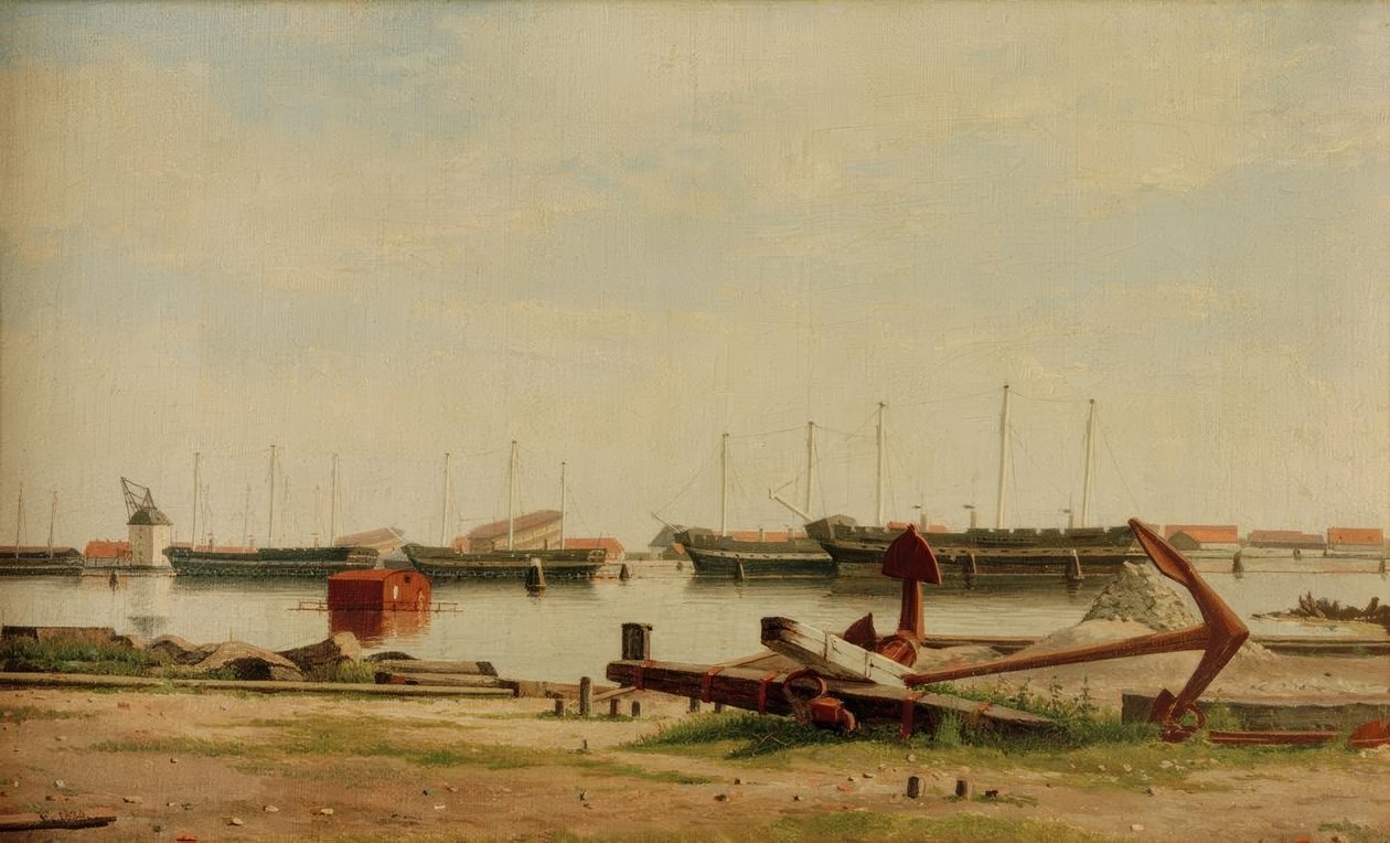 Utsikt over Nyholm med kran og krigsskip av Christoffer Wilhelm Eckersberg