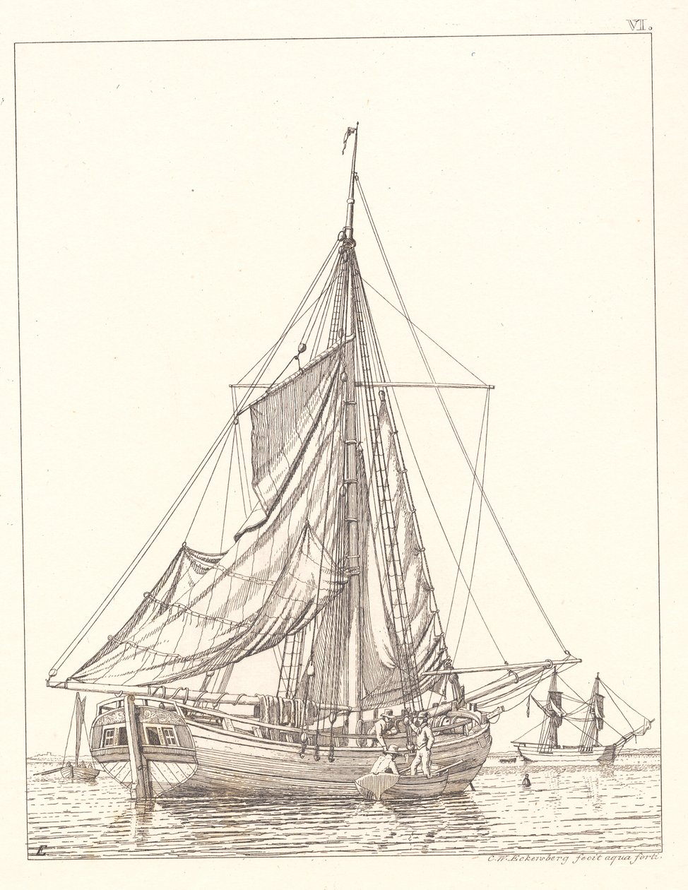 Engelsk: En dansk yacht tørker seil i rolig vær av Christoffer Wilhelm Eckersberg