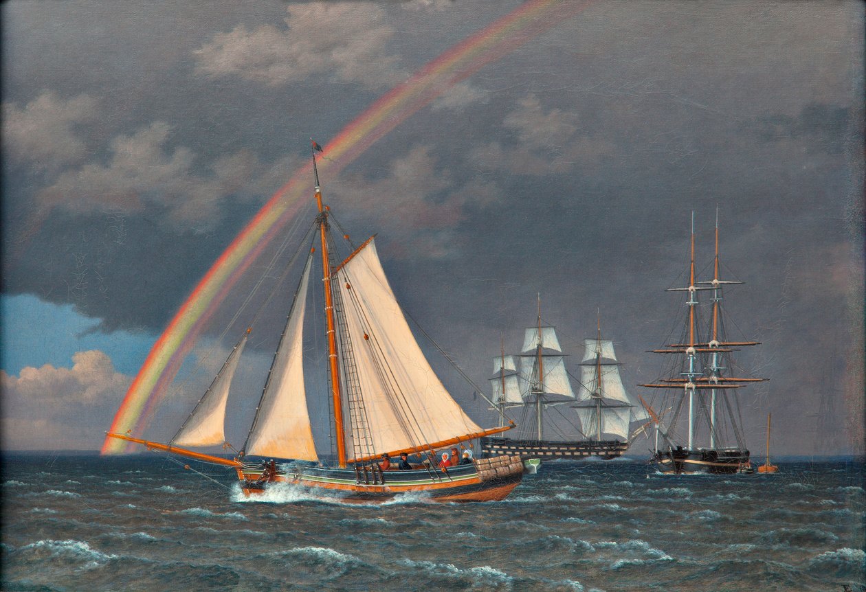 Regnbue til sjøs med noen cruiseskip av Christoffer Wilhelm Eckersberg