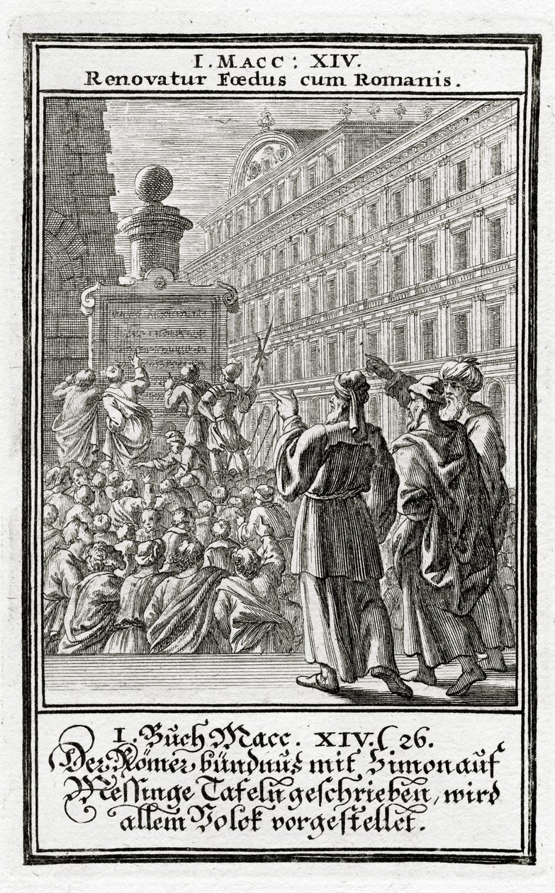 Den romerske alliansen med Simon, skrevet på frekke tavler, presenteres for folket, 1. Makkabeerne 14:26, 1695 av Christoph Weigel