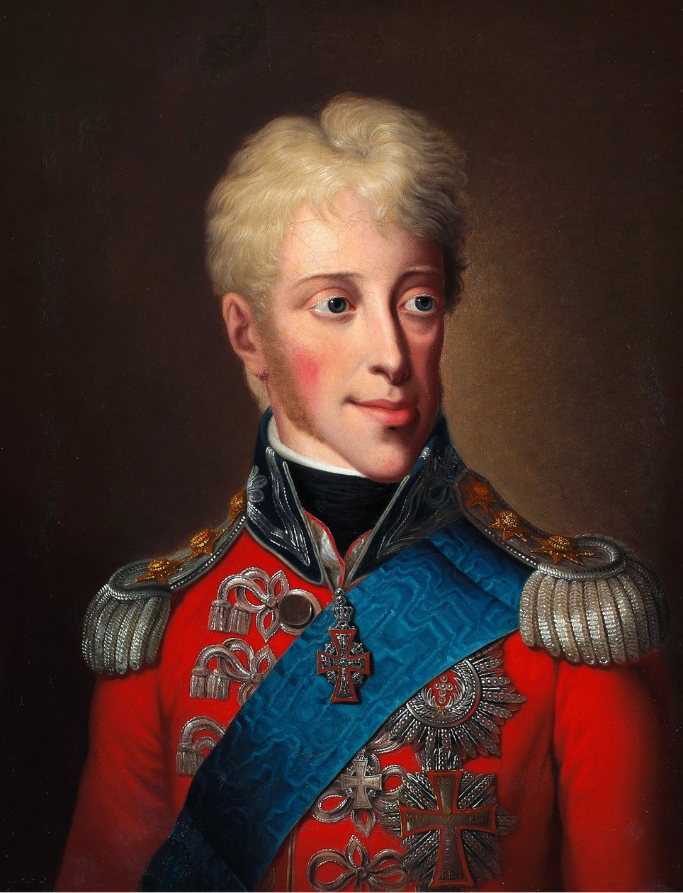 Portrett av Frederik VI (1784-1839) i rød jakke og med elefantordenen av Christoph Wilhelm Wohlien