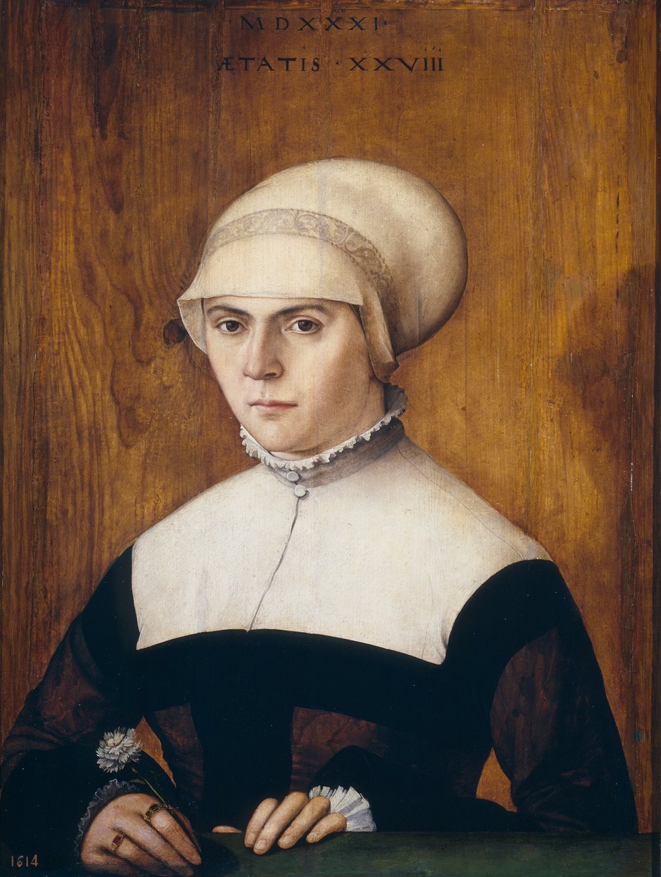Portrett av pausen, 28 år gammel, av Joerg Zuber, orfevre d’Augsbourg - Kona til Joerg Zoerer, i en alder av 28 av Amberger, Christoph (ca. 1505-1562) av Christoph Amberger