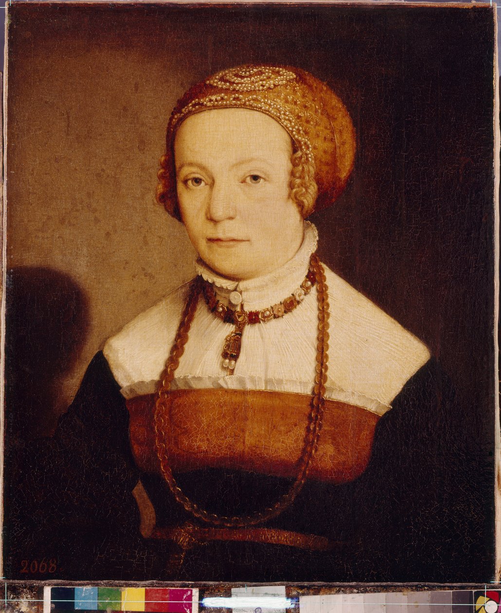 Portrett av en kvinne. Maleri av Christoph Amberger (omkring 1500-1562), olje på tre, etter 1548. Tysk kunst av Christoph Amberger