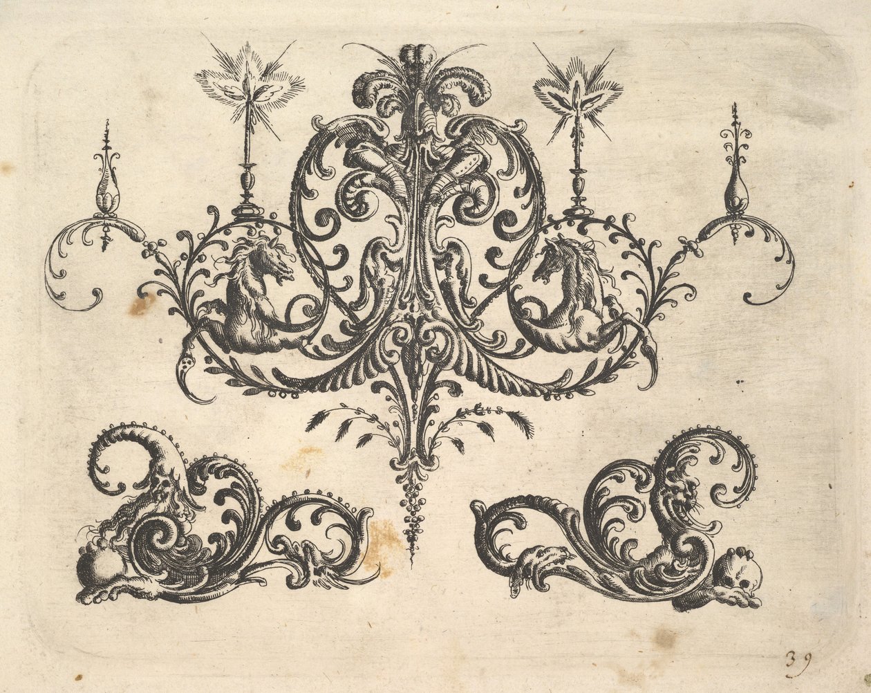 En fantastisk lysekrone med brennende stearinlys og arabesker, noen ender på fantastisk hest..., 1610. av Christoph Jamnitzer