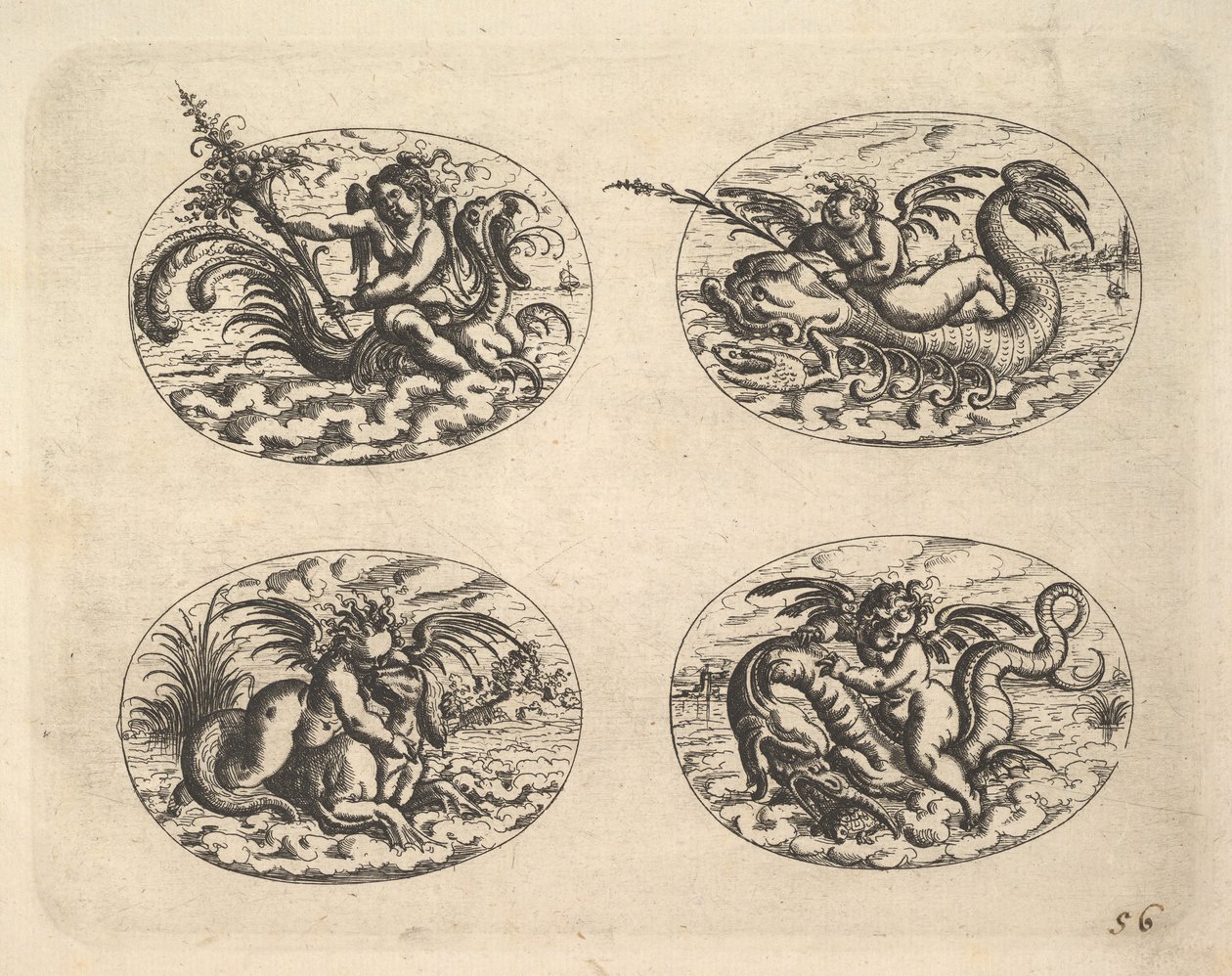 Fire ovaler med Genii, plater fra Neue Grotessken Buch, 1610. av Christoph Jamnitzer