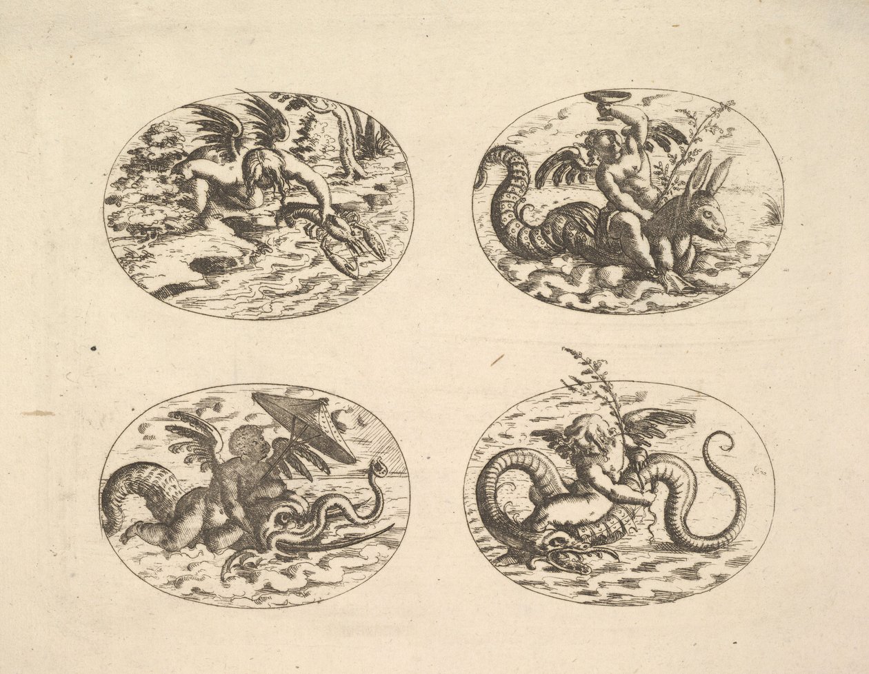 Putti med sjømonstre, tallerkener fra Neue Grotessken Buch, 1610. av Christoph Jamnitzer