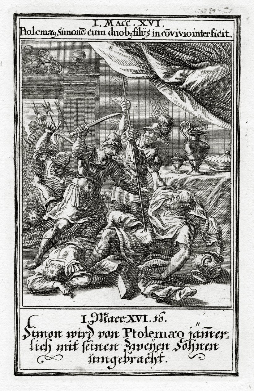 Simon og hans to sønner blir drept av Ptolemaios.1 Makkabeerne 14:16, 1695 av Christoph Weigel