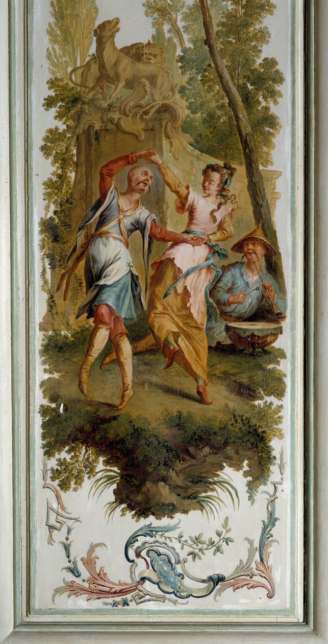 Chinoiserie: Dansescene, panel av den store salongen til chateau de Champs sur Marne realisert av Christophe Huet (1700-1759) av Christophe Huet