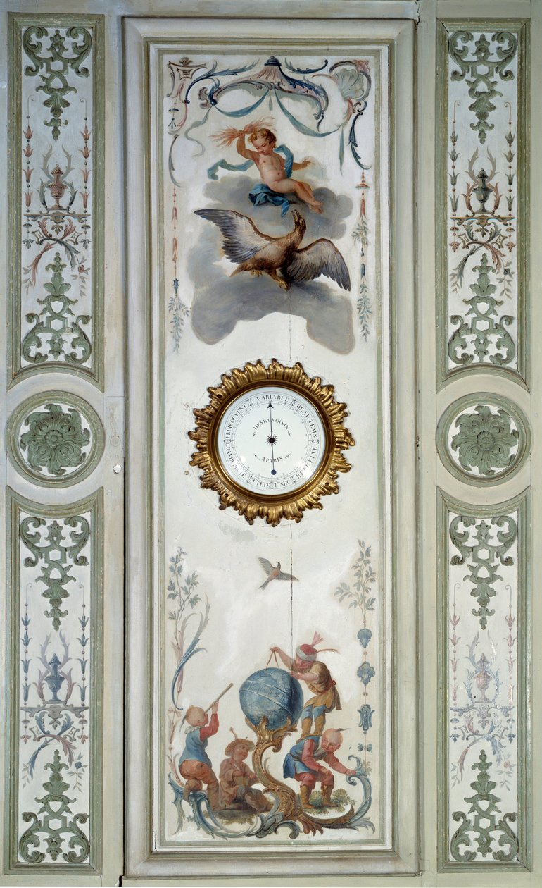Panel av den store stuen på Chateau de Champs sur Marne med barometer og kinoserie. Veggdekor malt av Christophe Huet (1700-1759) av Christophe Huet