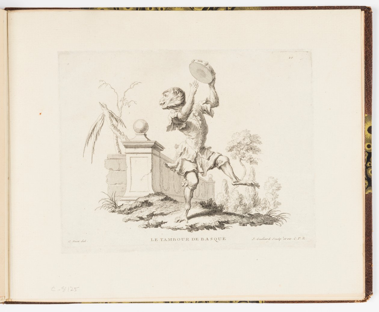 Plate 10, Le Tambour de Basque (Tamburinen), Monkey-antikk eller forskjellige handlinger av menneskeliv representert av aper av Christophe Huet