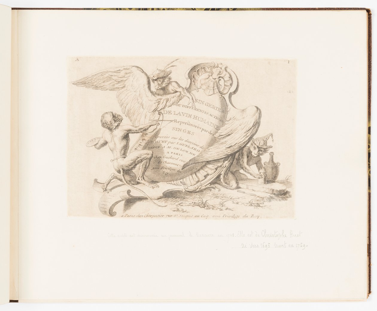 Plate 1, apekatt eller ulike handlinger av menneskeliv representert av aper av Christophe Huet