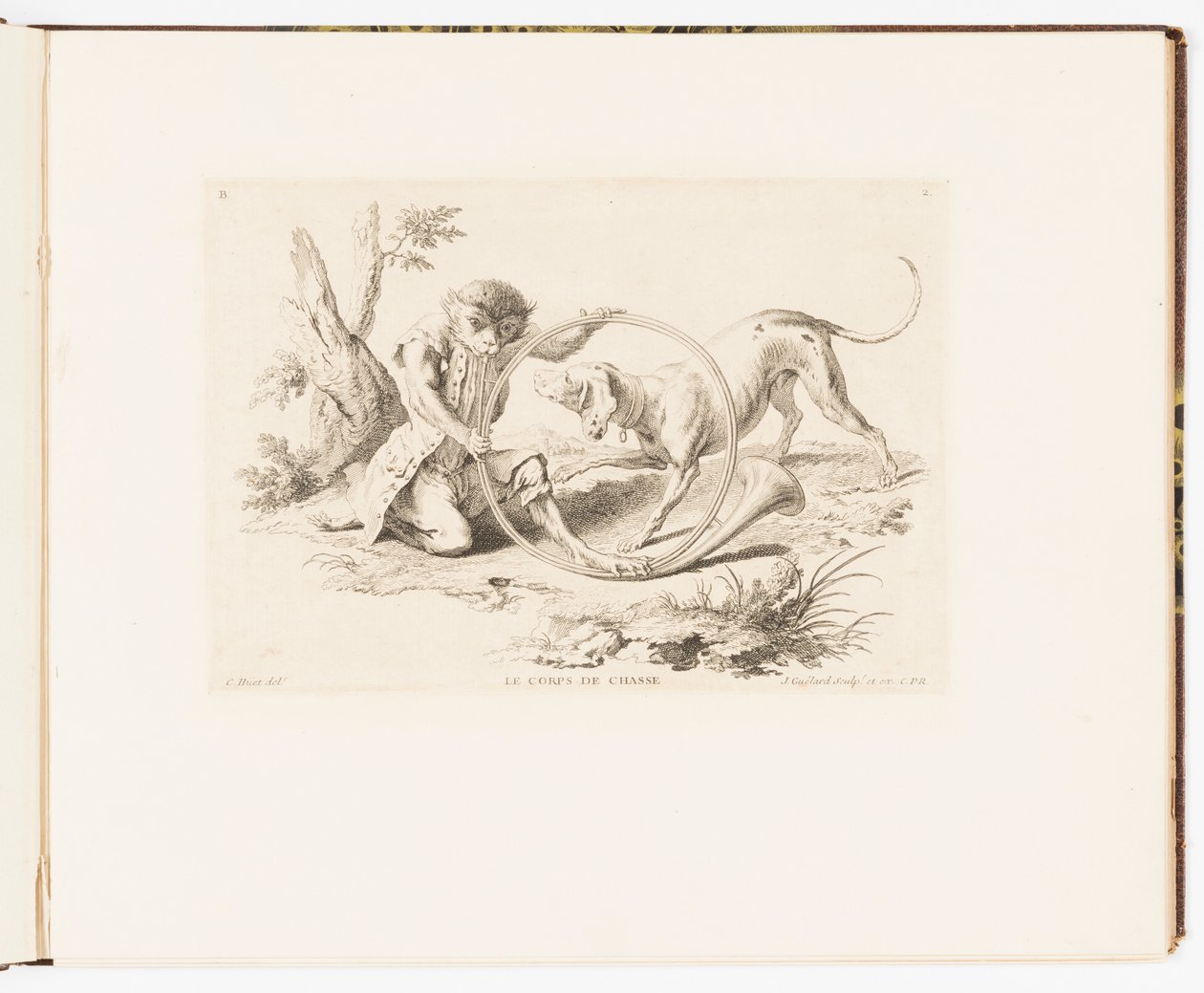 Plate 2, Le Corps de Chasse (Jakthornet), Monkey-antikk eller forskjellige handlinger av menneskeliv representert av aper av Christophe Huet