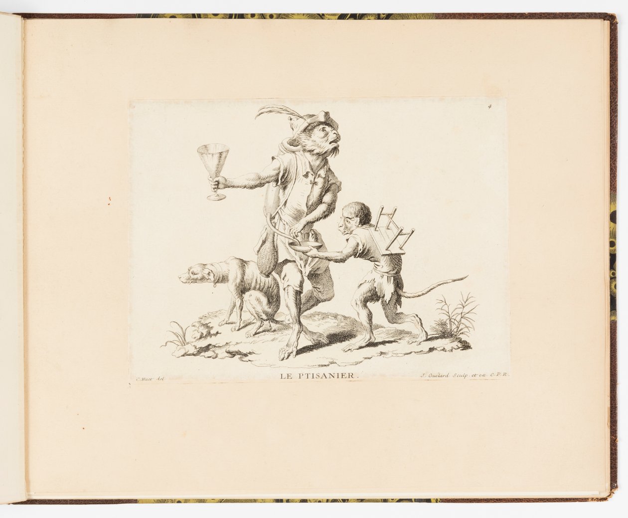 Plate 4, La Ptisanier (Urtete-selgeren), Monkey-antikk eller forskjellige handlinger av menneskeliv representert av aper av Christophe Huet
