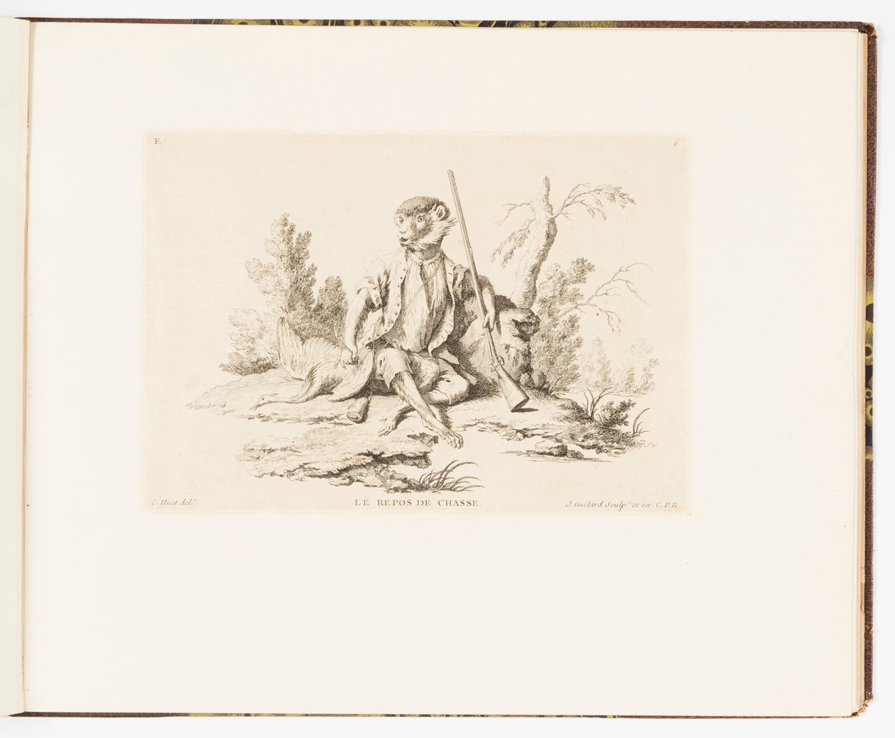 Plate 6, resten fra jakt, apekatt eller ulike handlinger i menneskelivet representert av aper av Christophe Huet