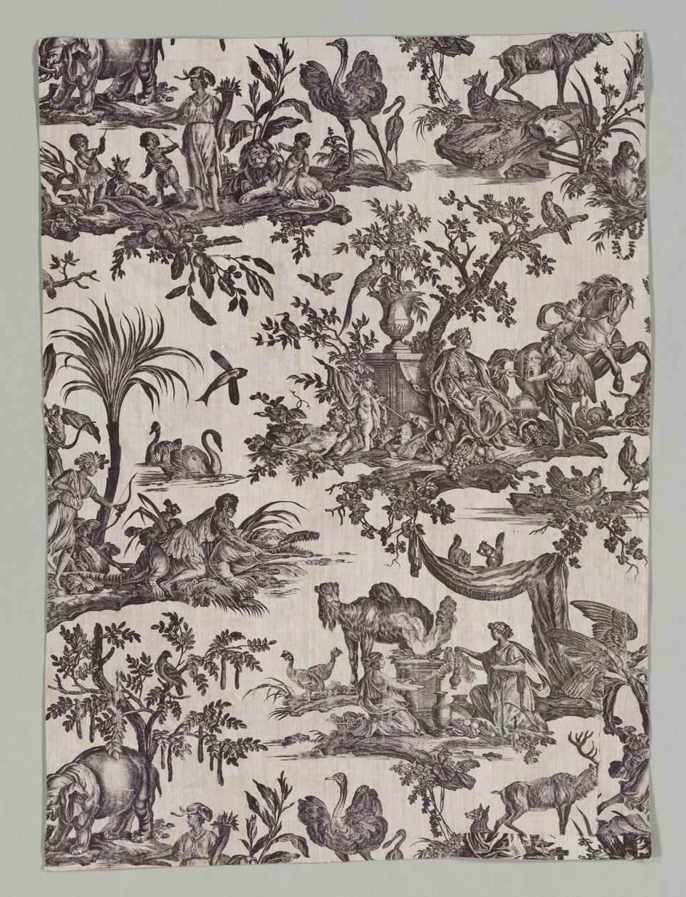 Fragment av Copperplate Printed Cotton med Les quatres parties du monde Design, 1788. av Christophe Philippe Oberkampf
