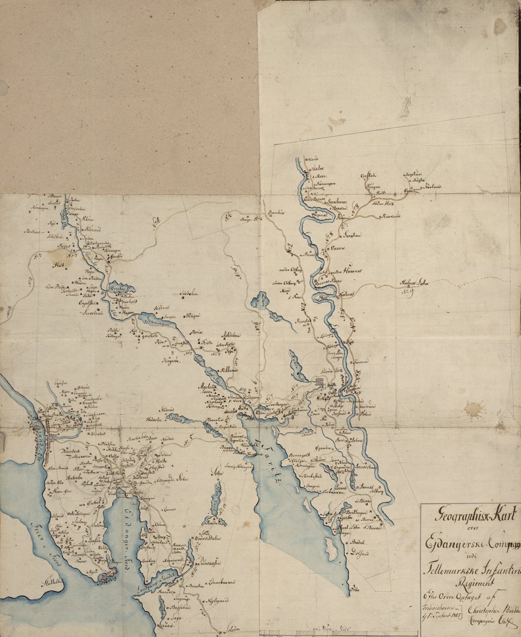 Geografisk kart over Ejdangerske Compagnie udi Tellemarkske Infanterie av Christopher Budde