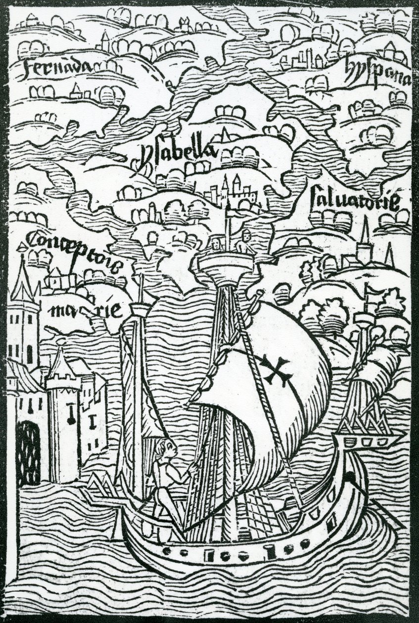 Kart som beskriver øyene Salvador, Espanola, Fernanda, Isabella og Conception, 1493 av Christopher Columbus