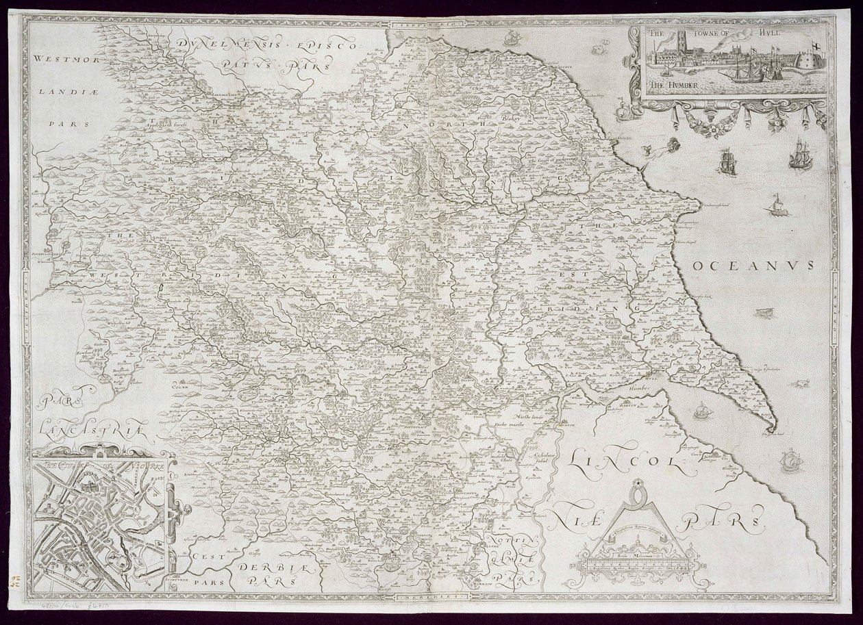 Kart over Yorkshire, gravert av William Web, publisert 1645 av Christopher Saxton
