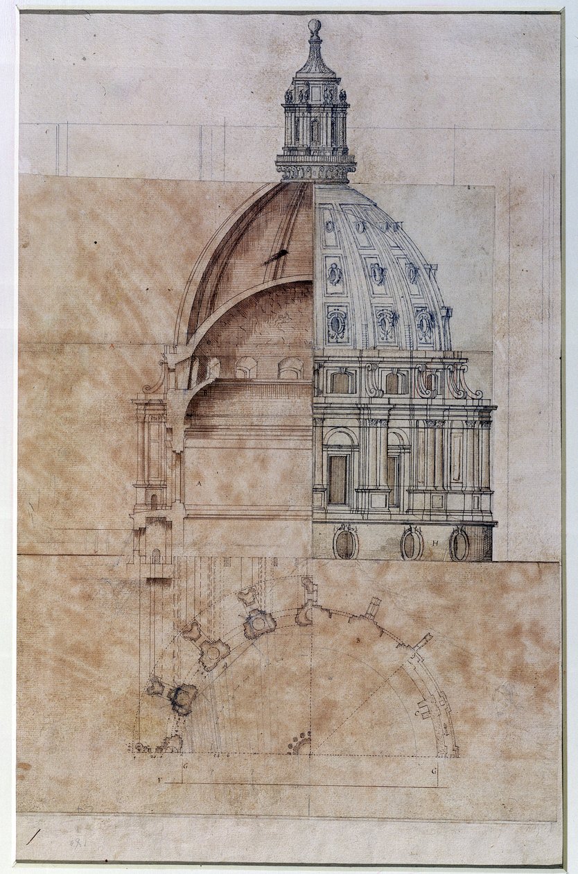 The 'Definitive Design': seksjon, forhøyning og halv plan av St. Paul's Cathedral kuppel av Christopher Wren