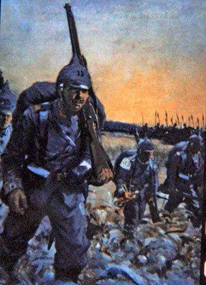 Tysk infanteri fra 1914 i feltuniform (farge litho) av Christopher (after) Clark