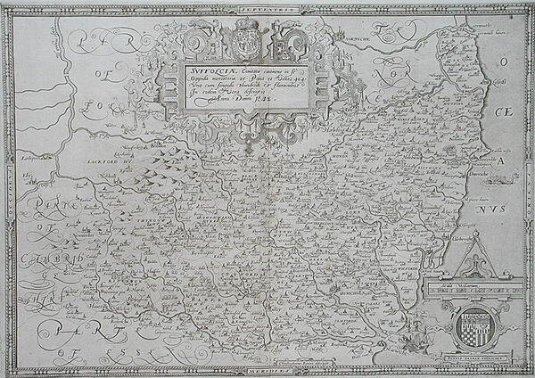 Kart over Suffolk, gravert av William Web av Christopher (after) Saxton