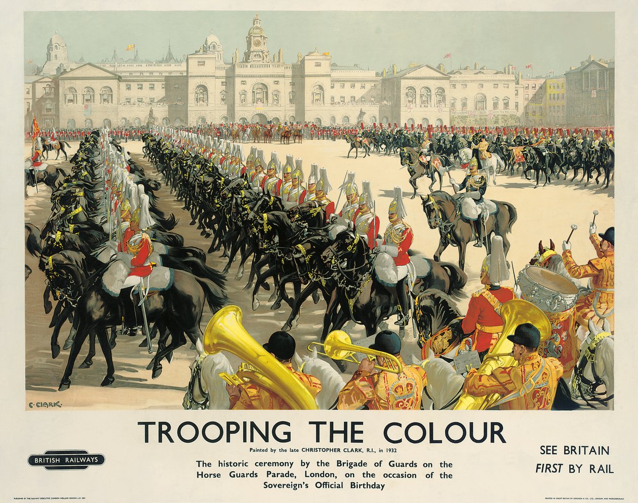 Trooping the Colour, plakat som reklamerer for British Railways, ca. 1950 (farge litho) av Christopher Clark