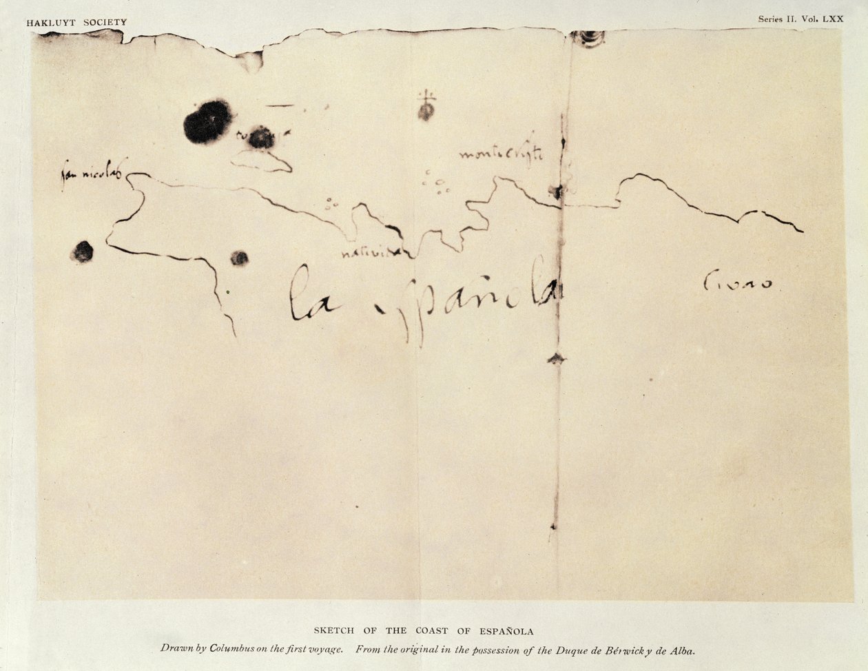 Skisse av kysten av Espanola, tegnet av Columbus på den første reisen, fra originalen i besittelse av Duque de Berwick y de Alba, 1492 (blekk på papir) av Christopher Columbus