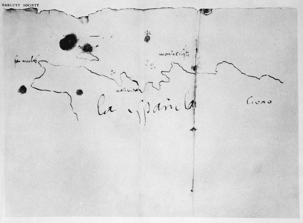 Skisse av kysten av Espanola, tegnet av Columbus på den første reisen, fra originalen i besittelse av Duque de Berwick y de Alba, 1492 (blekk på papir) av Christopher Columbus