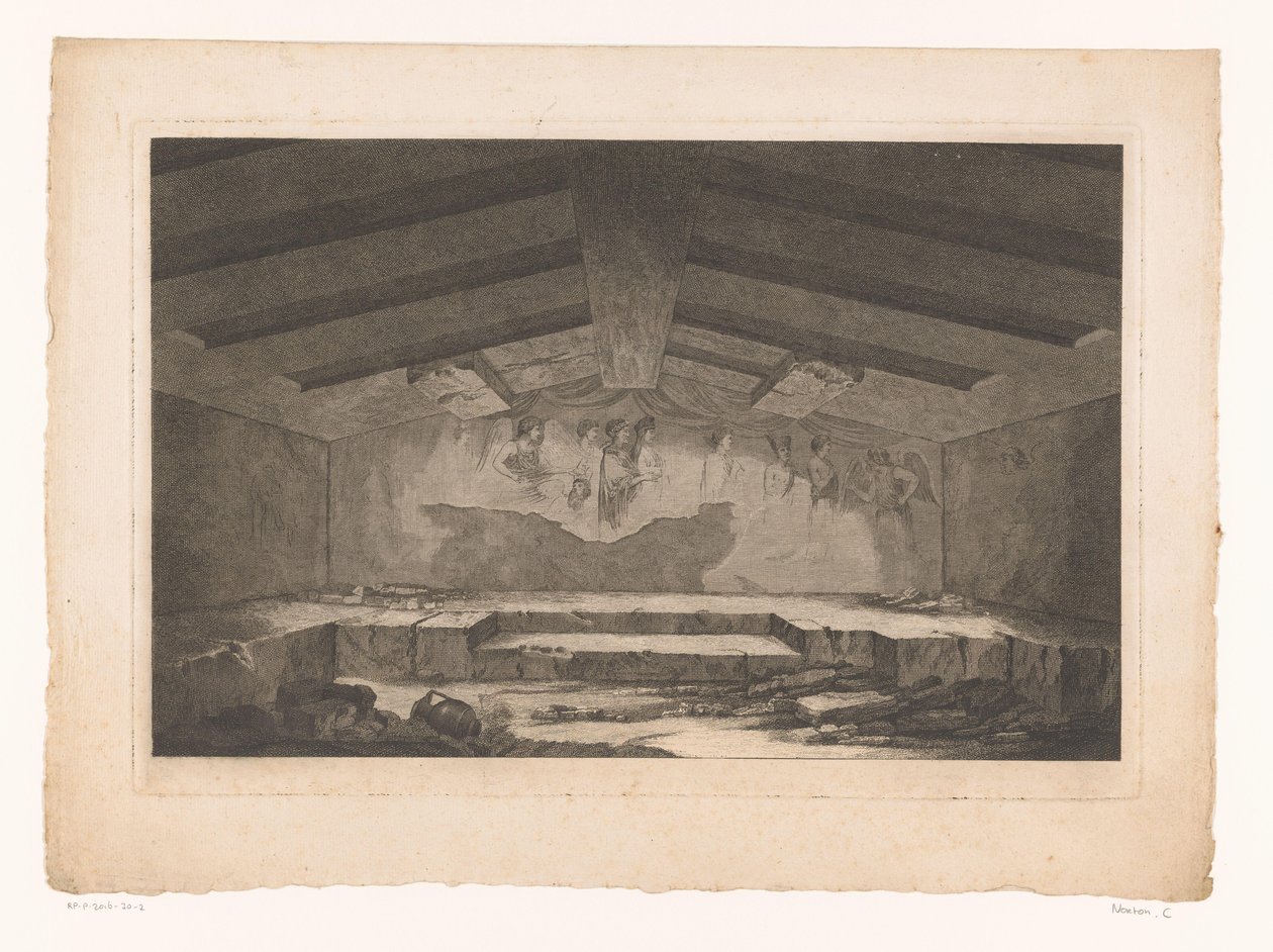 Etruskisk gravkammer i Tarquinia med et veggmaleri som viser en prosesjon på bakveggen av Christopher Norton