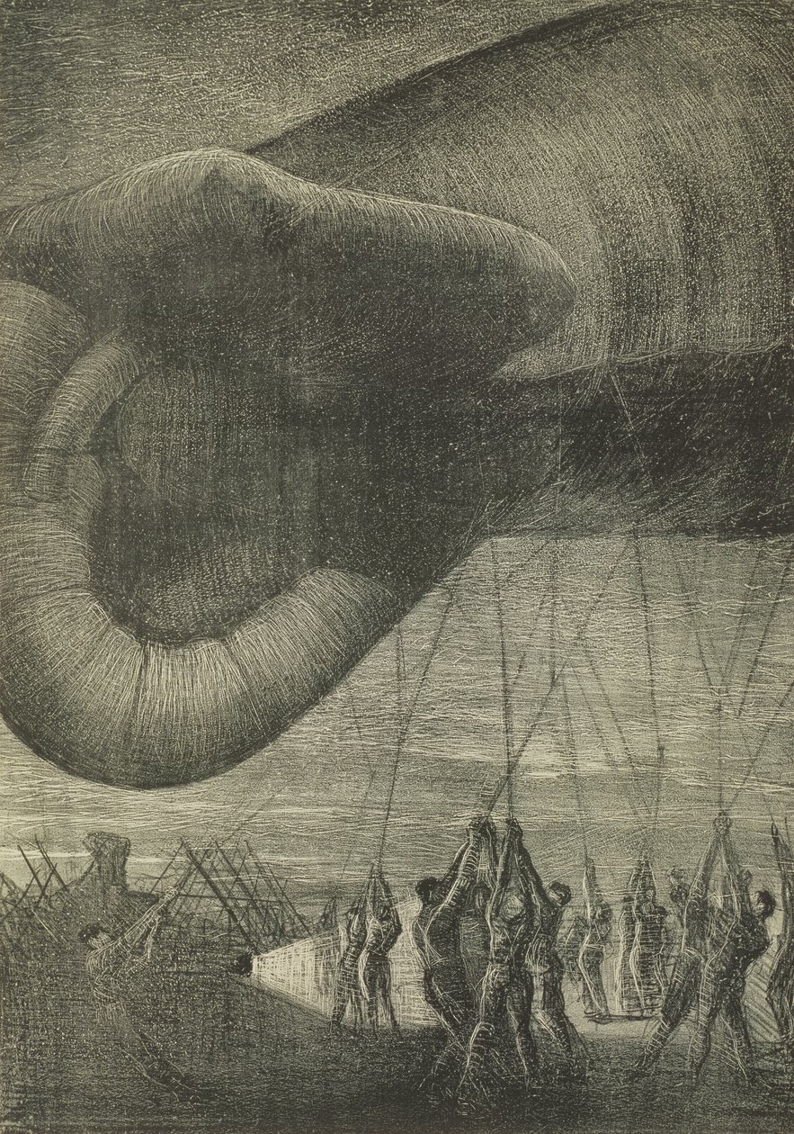 Hauling Down en observasjonsballong om natten, 1918 av Christopher Richard Wynne Nevinson