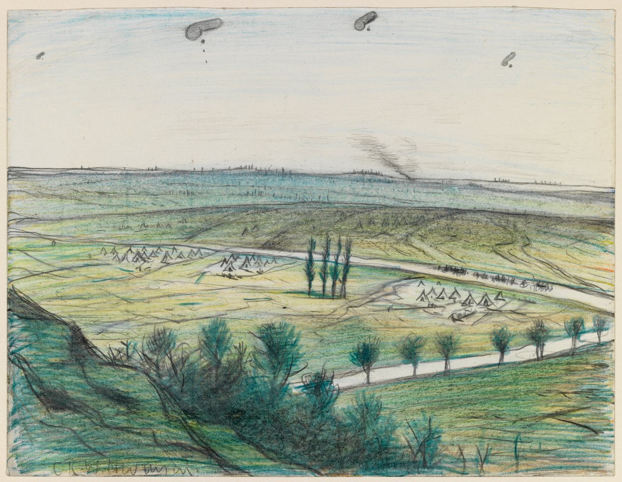 Landskap med observasjonsballonger, 1914-18 (blyant og fargestift på papir) av Christopher Richard Wynne Nevinson