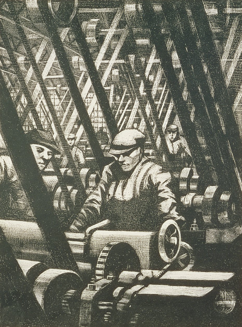 Å lage motoren, 1917 (etsing og tørrpunkt) av Christopher Richard Wynne Nevinson