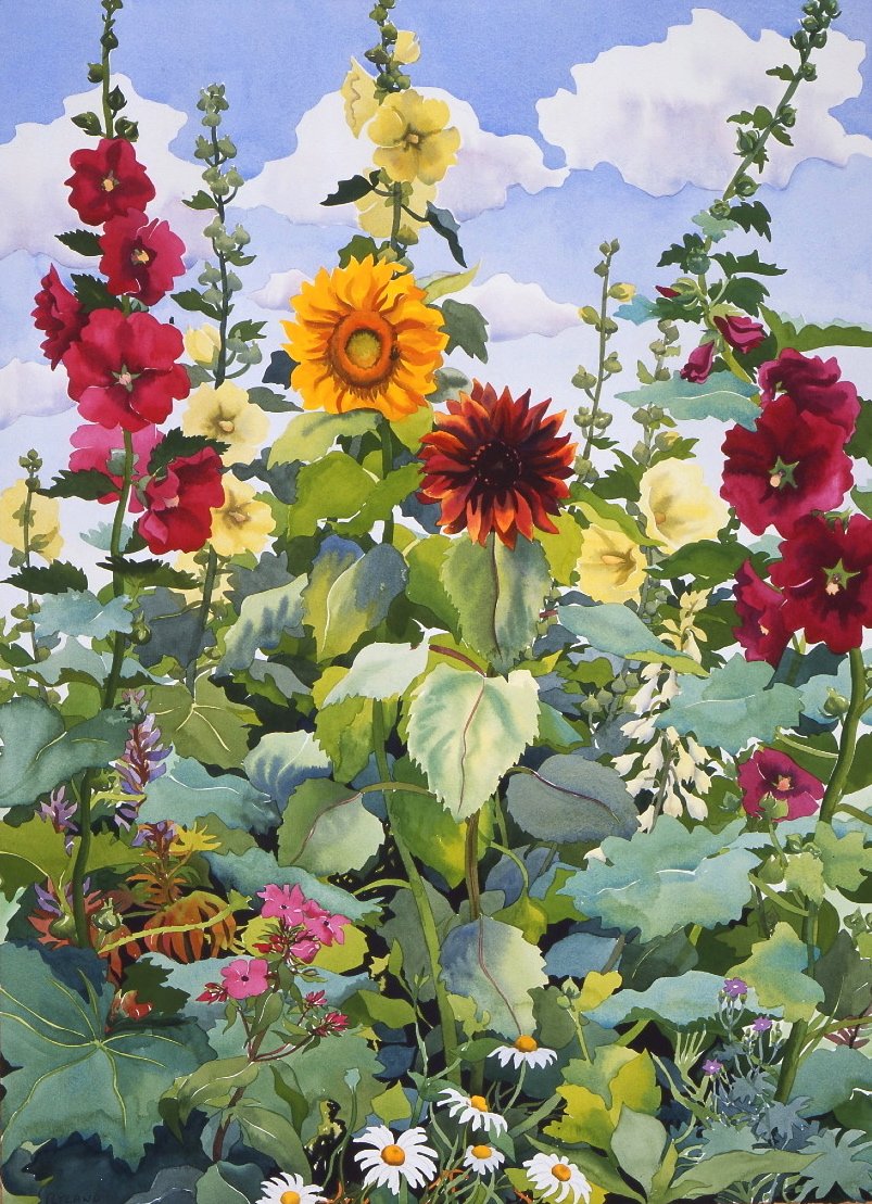 Hollyhocks and Sunflowers, 2003 (akvarell på papir) av Christopher Ryland