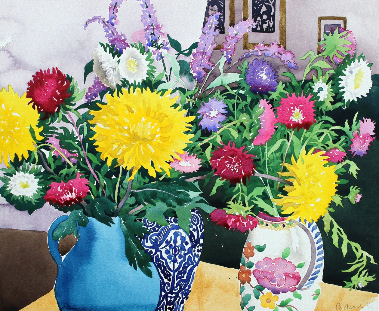 Interiør med asters (akvarell på papir) av Christopher Ryland