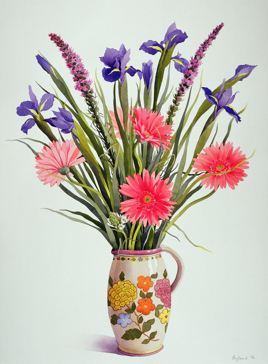 Iris og Gerbera i en nederlandsk mugge (wc) av Christopher Ryland