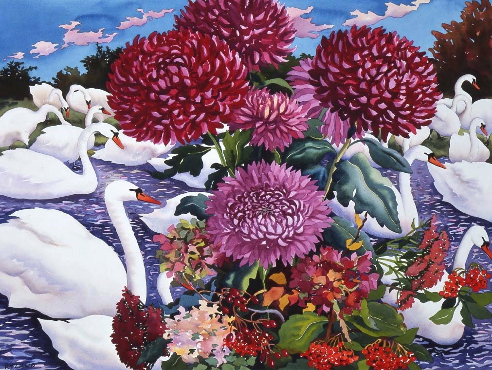 Swans and Chrysanthemums, 2005 (akvarell på papir) av Christopher Ryland