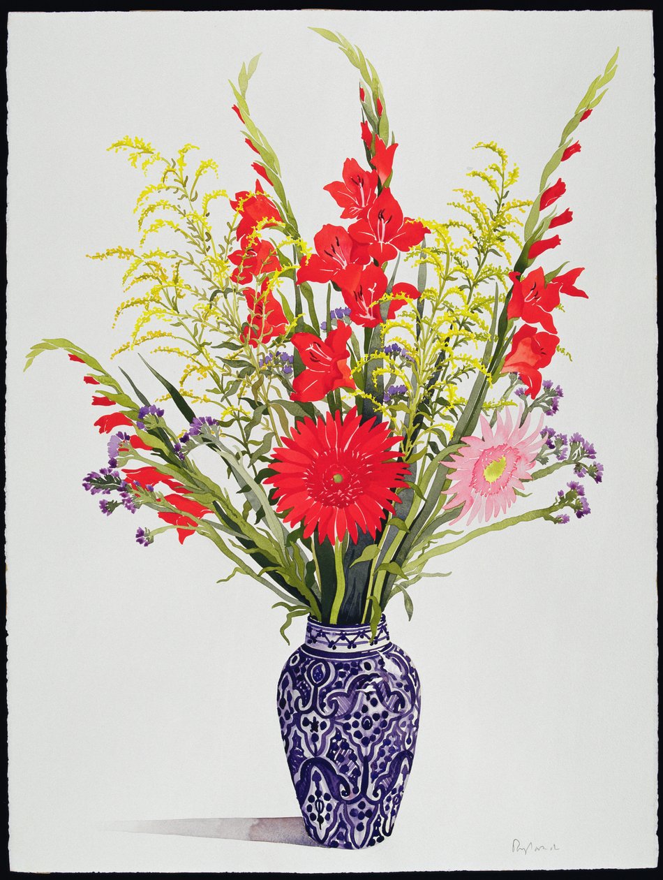 Tigerliljer, gladioler og skabb i en blå marokkansk vase (wc) av Christopher Ryland