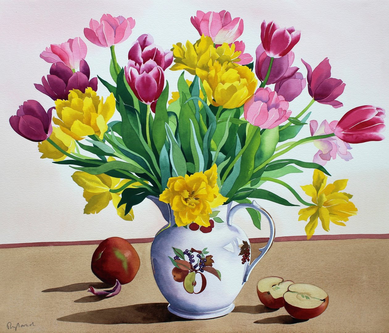 Tulipaner i kanne med epler (akvarell på papir) av Christopher Ryland