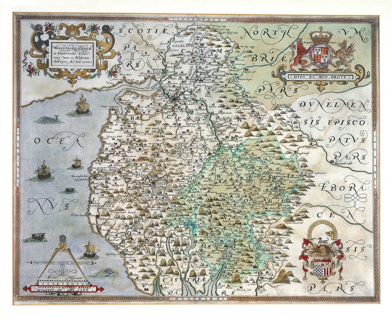 Et kart over Westmorland og Cumberland, 1576 av Christopher Saxton